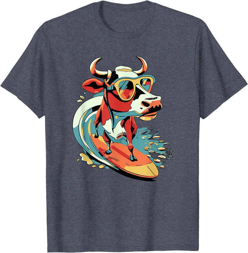 Surfing Cow Catching a Wave Surfer Design Co. Surfing Cow Catching a Wave Farmer Surfer Surf Time T-Shirt - Heather Blue