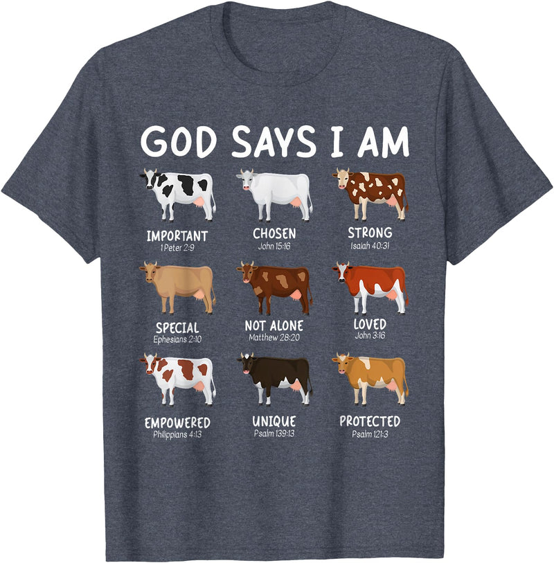 God Says I Am Christian Bible Verse Apparel God Says I Am Cute Heifer Cow Bible Verse Christian T-Shirt - Heather Blue