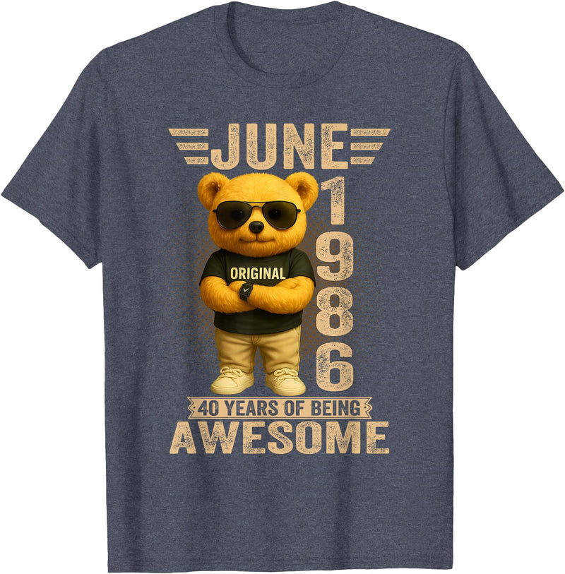 June 1986 40th Birthday Gifts for Men Women 40 Year Old June 1986 Teddy Bear 40th Birthday Men Women T-Shirt - Heather Blue