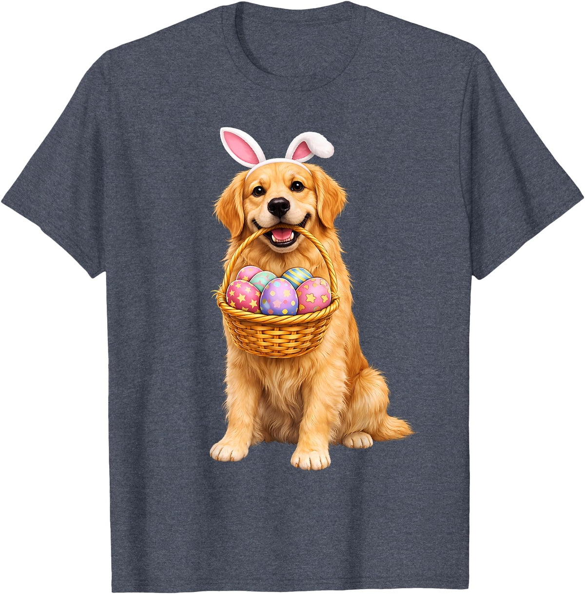 Golden Retriever Bunny Ears Eggs Cute Easter Dogs T-Shirt in Heather Blue