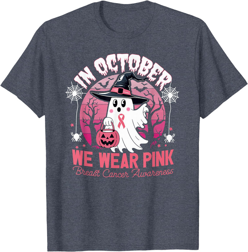 Show Your Support Breast Cancer Awareness Month in October We Wear Pink Breast Cancer Awareness Halloween T-Shirt - Heather