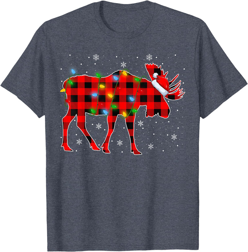 Buffalo Plaid Moose Christmas Gifts Moose Xmas Lighting Buffalo Plaid Moose Christmas Pajama T-Shirt - Heather Blue