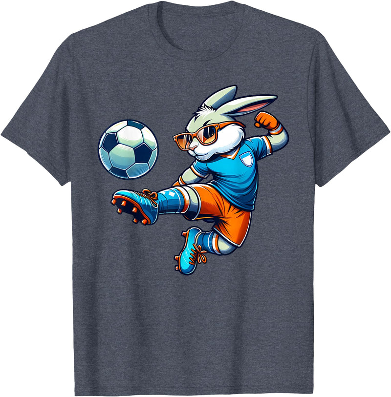 Happy Easter Bunny Soccer Player Lover Sport Rabbit T-Shirt in Heather Blue