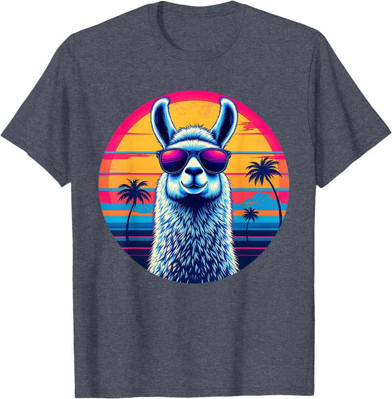 Llama Alpaca Vintage Art Co. Llama Alpaca Retro 80s Style T-Shirt - Heather Blue