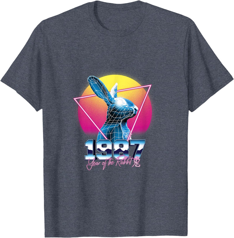 Chinese Year of Rabbit 1987 Birthday Zodiac Retrowave Retro T-Shirt in Heather Blue
