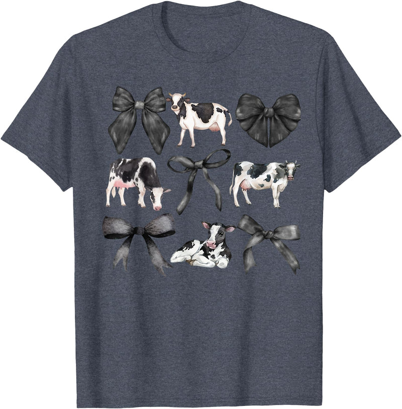 Kristen Michael Coquette Cows, Cows and Bows, Watercolor, Holsteins T-Shirt, Small, Grey - Heather Blue