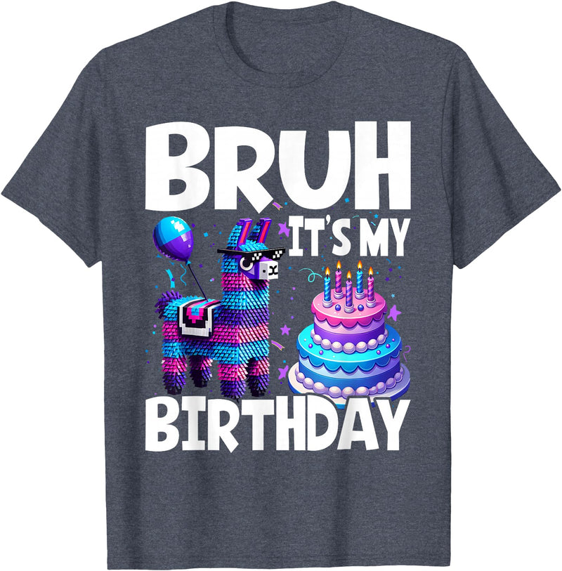 Llama Lover Gift Co. Bruh Its My Birthday Llama Pinata T-Shirt - Heather Blue