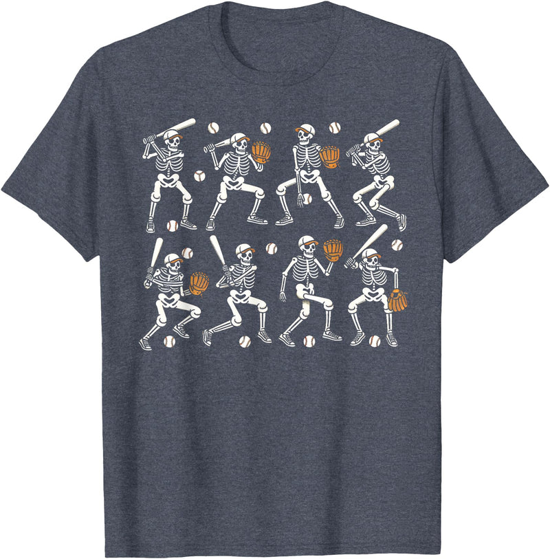 Funny Halloween Baseball Skeletons Play Baseball Boys Kids T-Shirt - Heather Blue