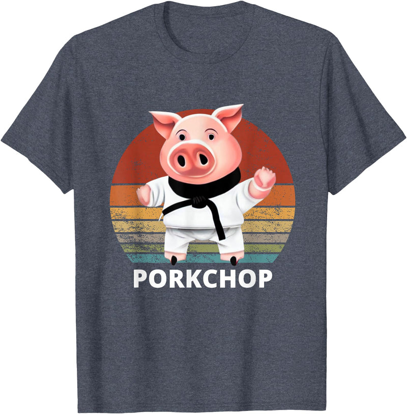 Animals Puns Pig Karate Pork Chop Pun T-Shirt - Heather Blue