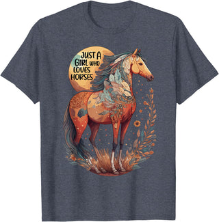 Just a girl who loves horses Co. Just a Girl who Loves Horses - Bohemian Horse Lover Themed T-Shirt - Heather Blue