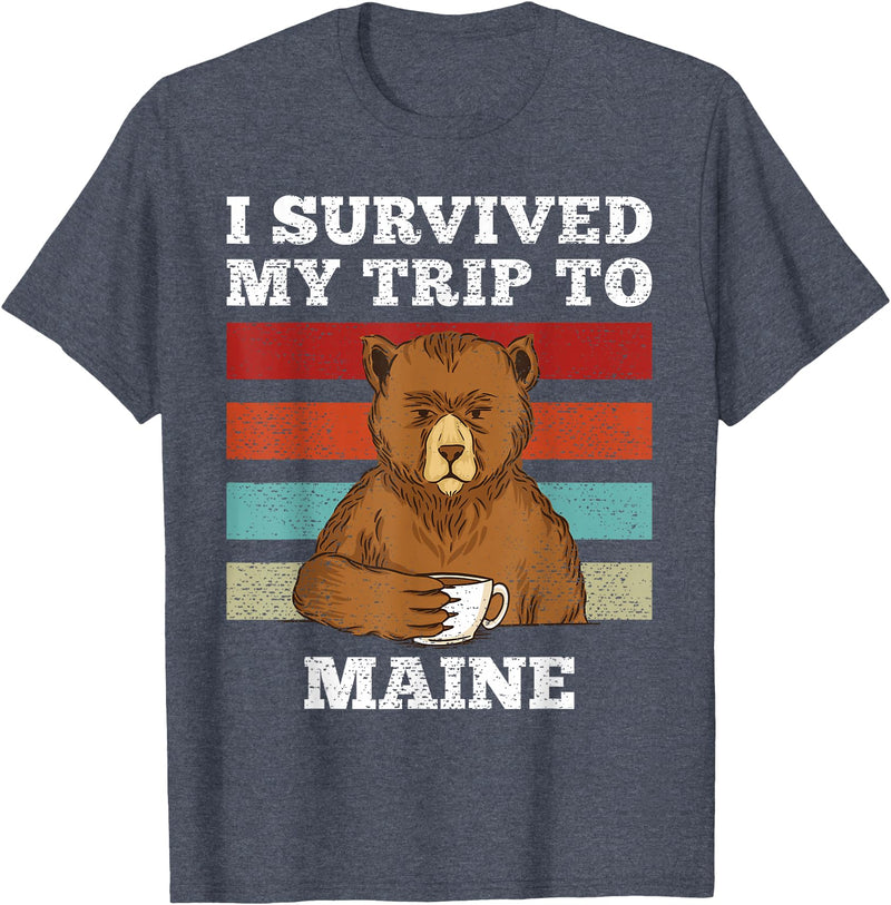 plainly Funny Beart Retro I Survived My Trip I Survived My Trip To Maine Vintage Tired Bear Coffee T-Shirt - Heather Blue