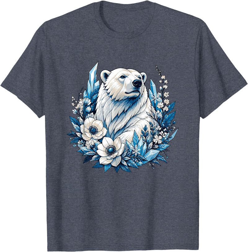 Arctic Polar Bear Floral Crystal Nature Winter Wildlife Polar Bear with Ice Flowers T-Shirt - Heather Blue