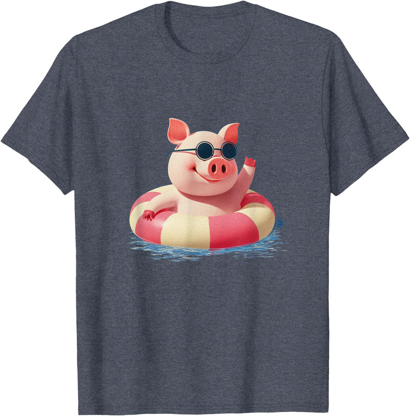 Vacation Pig Outfit Pig Sunglasses Graphic with Beach Ring T-Shirt - Heather Blue