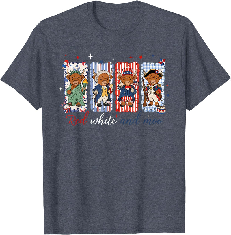 Red White Moo Patriotic Highland Cow Red White and Moo Highland Cow USA 4th of July 250th Years T-Shirt - Heather Blue