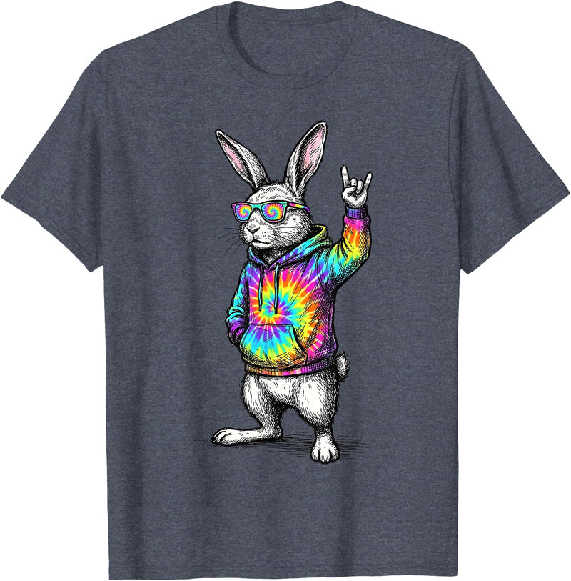 Cute Easter Bunny Rock Rabbit Sunglasses Happy Easter T-Shirt in Heather Blue