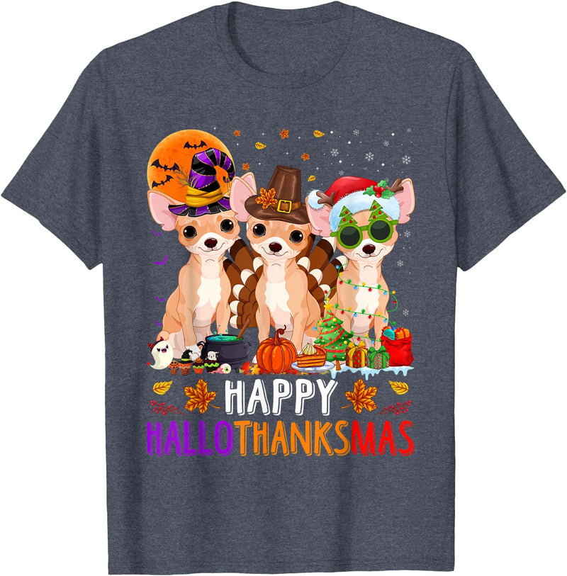 Cute Chihuahua Dog Happy Hallothanksmas Happy Hallothanksmas Chihuahua Dog Halloween Christmas T-Shirt - Heather Blue