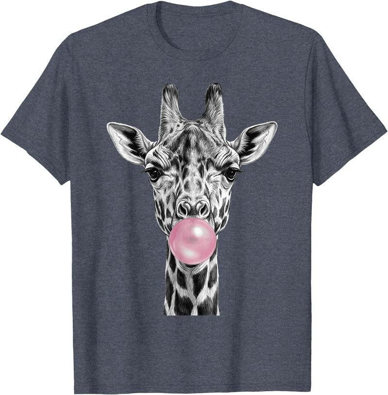 Wild Bubble Art Cool Giraffe Blowing Pink Bubblegum Sketch Art T-Shirt - Heather Blue