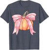 Coquette Halloween Tees NYC Coquette Autumn Pumpkin Pink Bow Girly Halloween Fall Women T-Shirt - Heather Blue