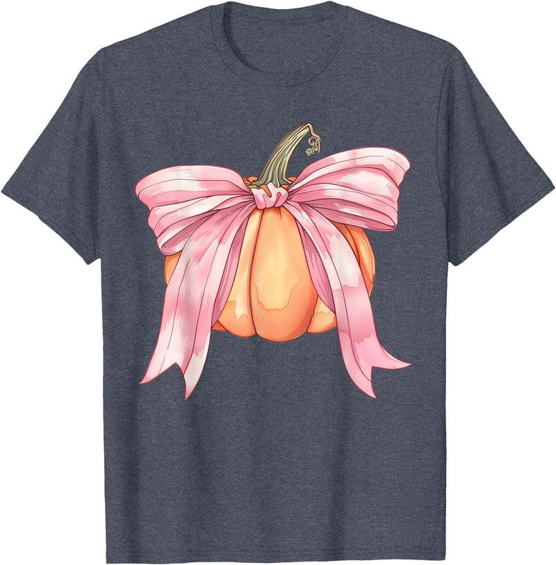 Coquette Halloween Tees NYC Coquette Autumn Pumpkin Pink Bow Girly Halloween Fall Women T-Shirt - Heather Blue