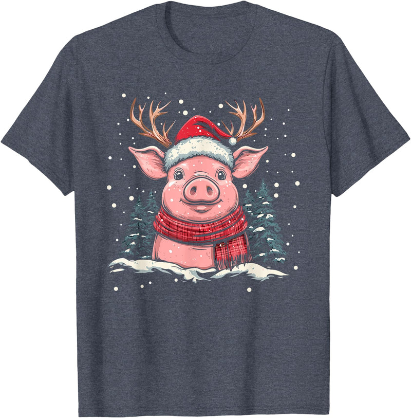 Funny Pig Christmas Outfit Pig Reindeer Santa Hat Christmas Xmas T-Shirt - Heather Blue