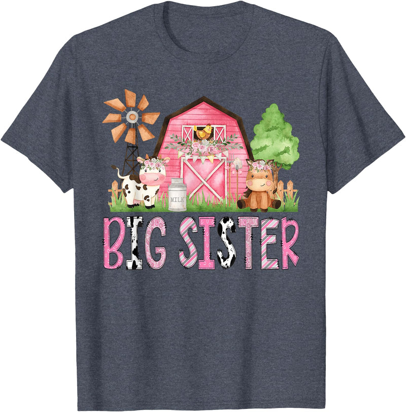 Pink Farm Cow Gender Reveal Party Big Sister Pink Farm Animal Birthday Kids Matching Family T-Shirt - Heather Blue