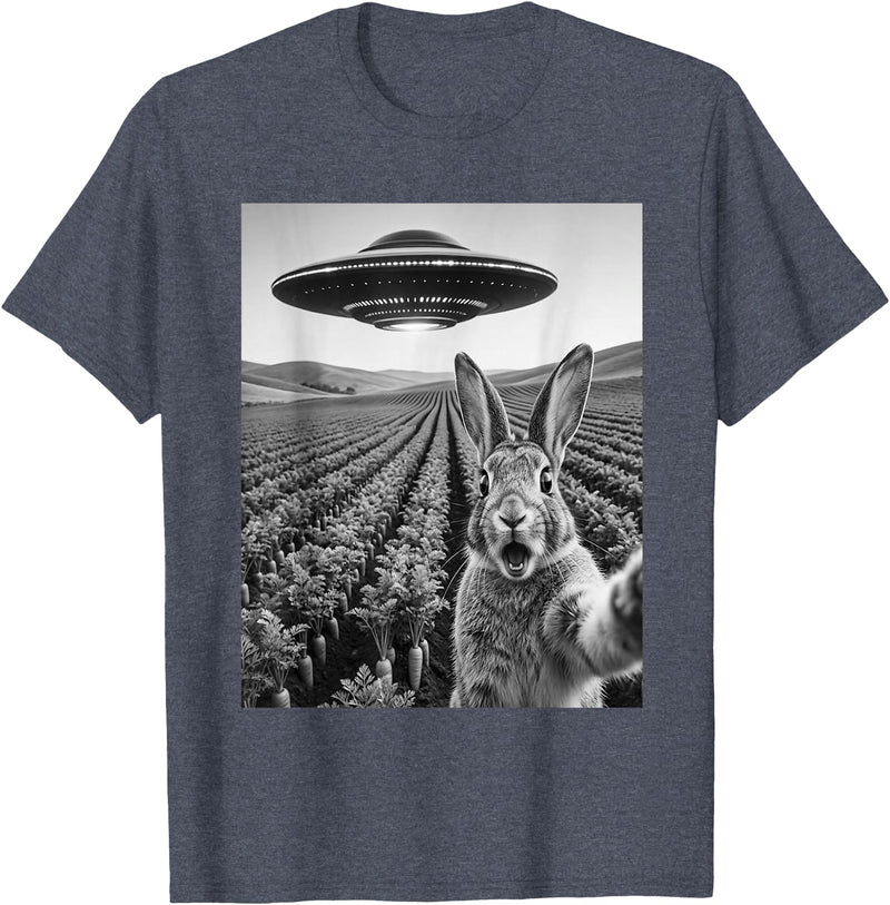 Rabbit Selfie with Alien UFO Funny Rabbit Lover Men Women T-Shirt in Heather Blue