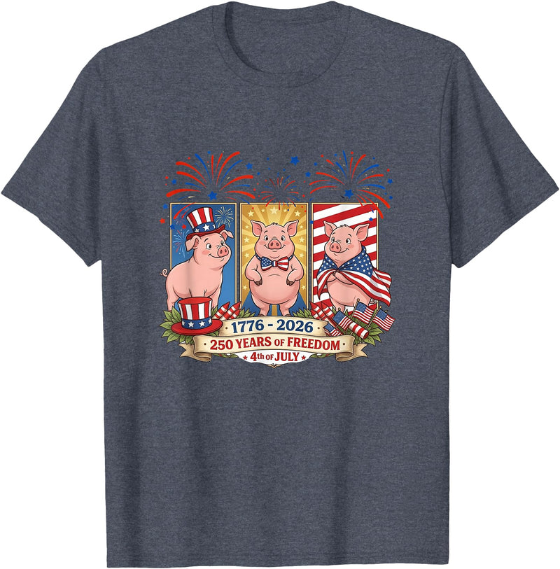 Farmer 4th Of July Costume 1776-2026 Proud 250th Freedom 4th July Three Cute Pigs T-Shirt - Heather Blue