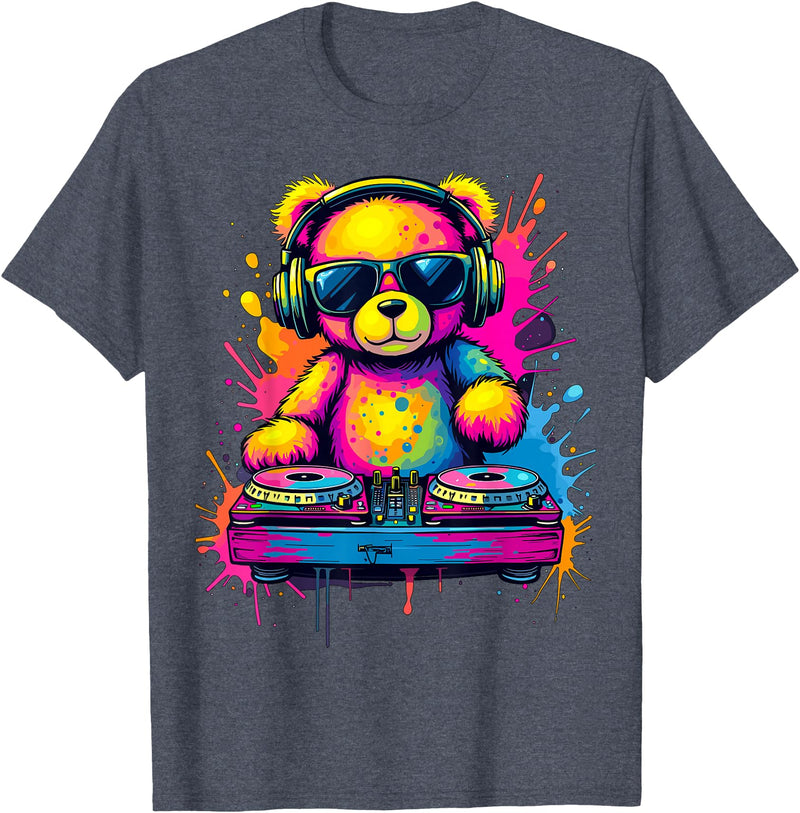 Magical and Funny DJ Gifts Colorful DJ Teddy Bear T-Shirt, Unisex-Kids, Black, Small, Long Sleeve, Classic Fit, Polyester 100% - Heather Blue