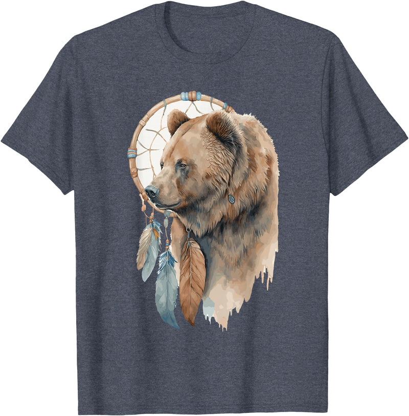 More Tribal Native American Totem Animal Art Bear Tribal Watercolor Bear Dream Catcher T-Shirt - Heather Blue
