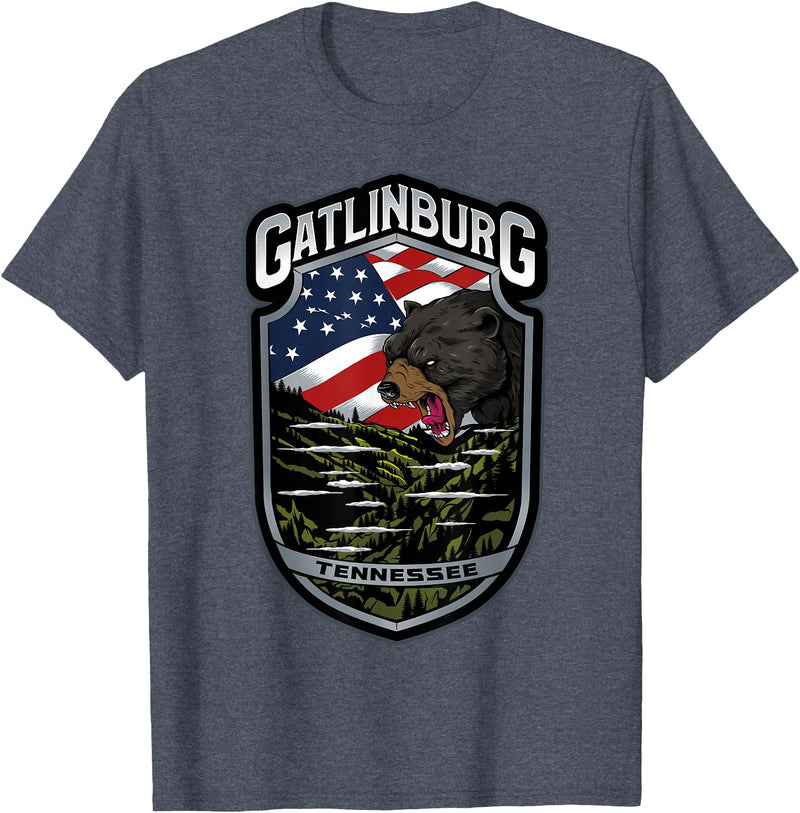 Great Smoky Mountains National Park Souvenirs Gatlinburg Tennessee Souvenirs Bears Gifts TN American Flag T-Shirt - Heather Blue