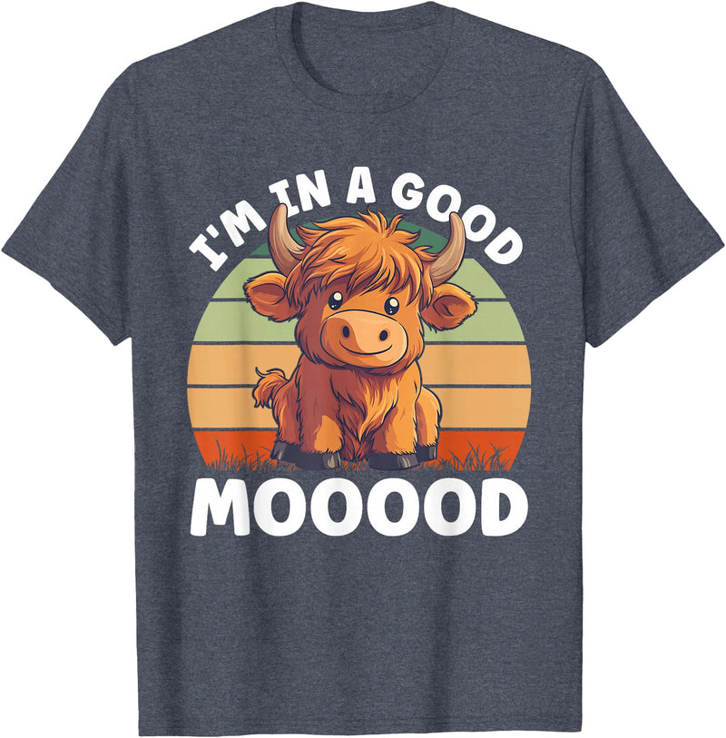 Funny Cow Design Farm Animal Lover Farmer Cowgirl Highland Cow Moo In A Good Mooood Carton Cow T-Shirt - Heather Blue