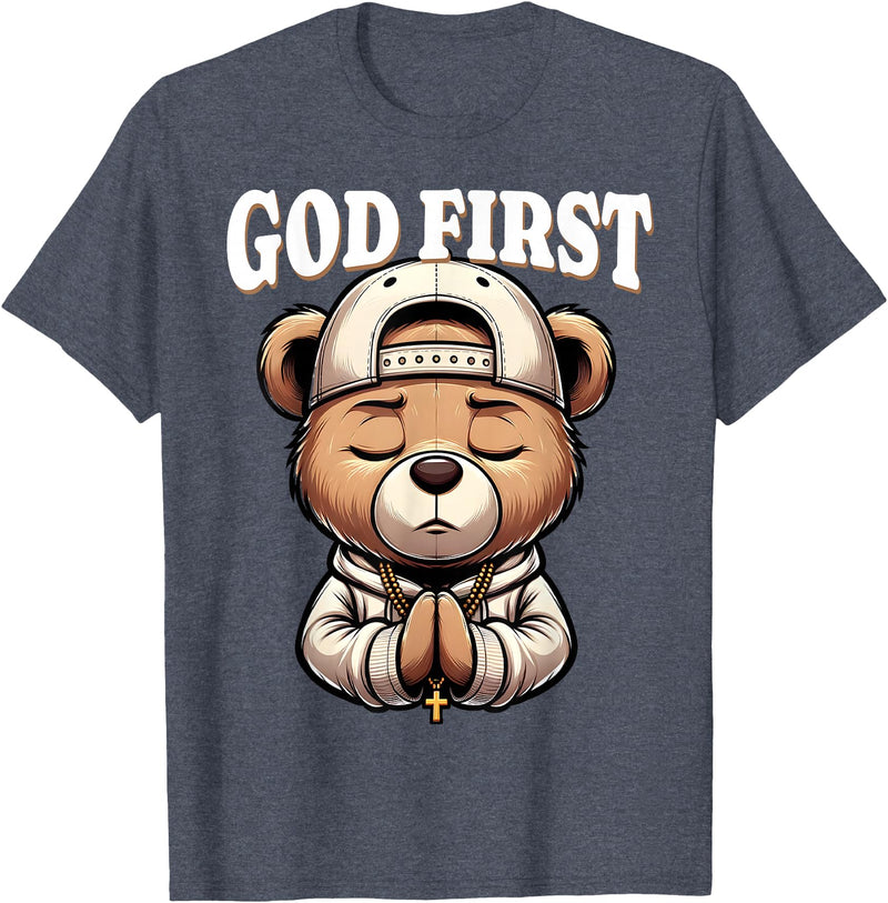 Christian Hip Hop Hustle Praying Teddy Bear Design God First Hip Hop Teddy Bear Cross Christian Streetwear Pray T-Shirt - Heather Blue