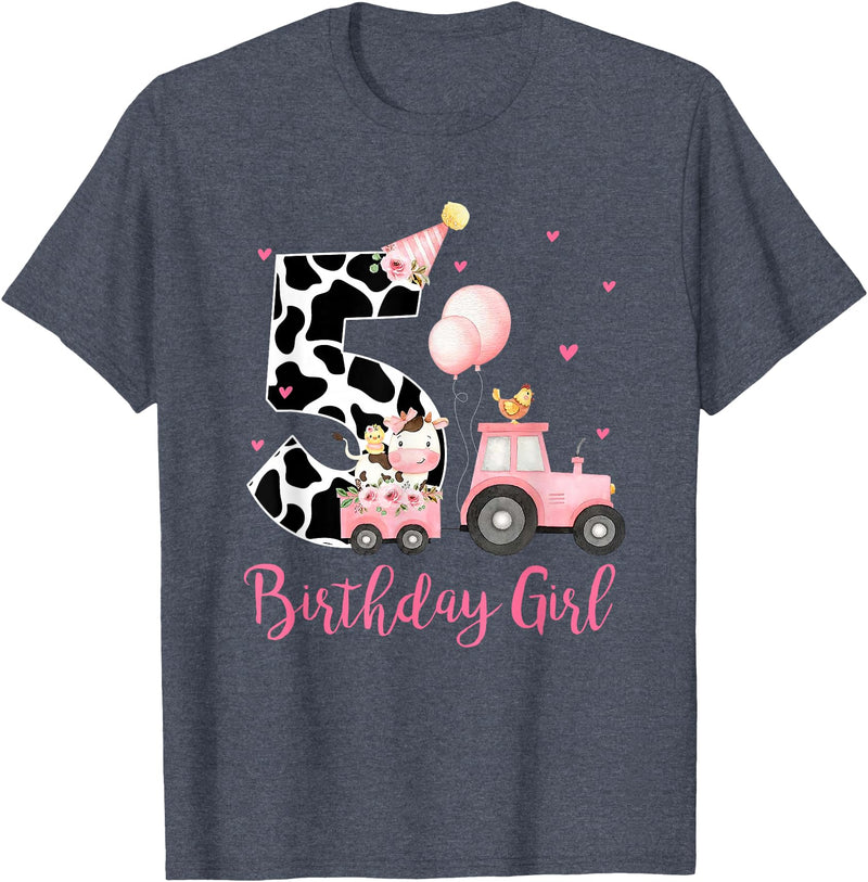 Milk Cow Print 5 Year Old Girl Birthday Gift 5th Birthday Outfit Girl 5 Year Old Farm Cow Chick Tractor T-Shirt - Heather