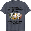 Driving My Husband Crazy One Cow By Dino Driving My Husband Crazy One Cow At A Time Funny Cow T-Shirt - Heather Blue