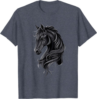 Artful Horse Designs Black Horse Portrait – Friesian Horse T-Shirt - Heather Blue
