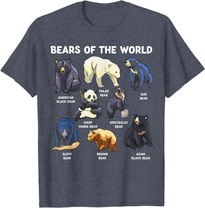 GoshWow Bears of The World Kawaii Types of Bears Wildlife Zoo Bear T-Shirt - Heather Blue