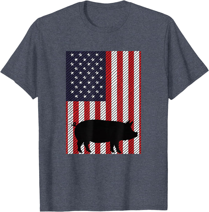 Farm Pig Patriotic United States Flag Kids Animal Patriotic Pig Silhouette American Flag Farm Kids Fourth T-Shirt - Heather Blue