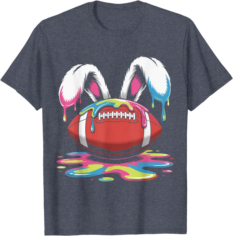 Funny Easter Football Bunny Ears Paint Ice Cream Drip Rabbit T-Shirt in Heather Blue
