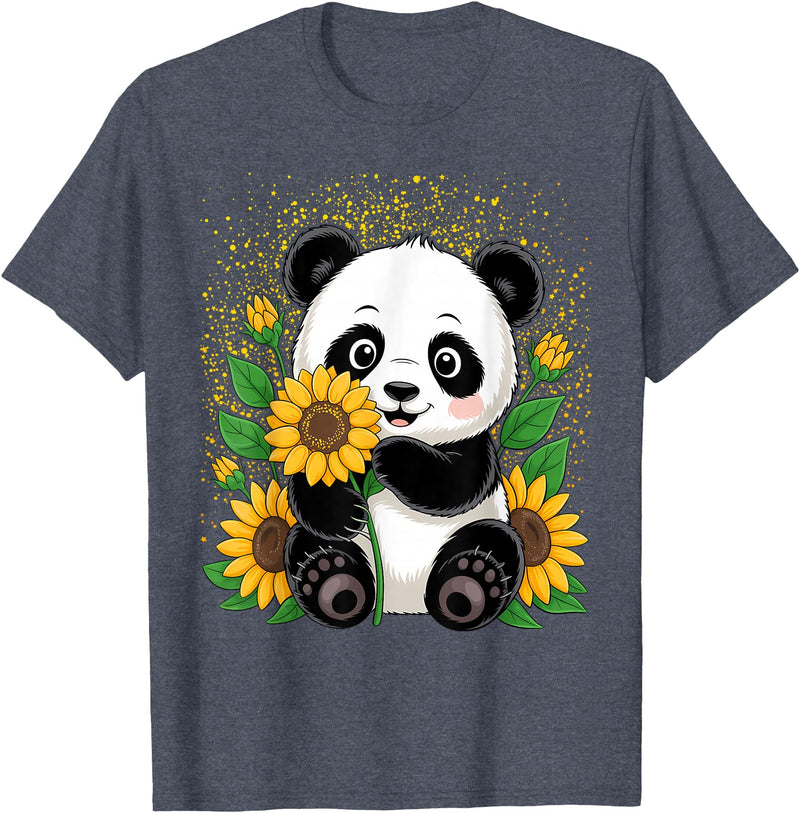 Panda Lover Gift Co. Panda Bear with Sunflowers, Panda Bear T-Shirt - Heather Blue