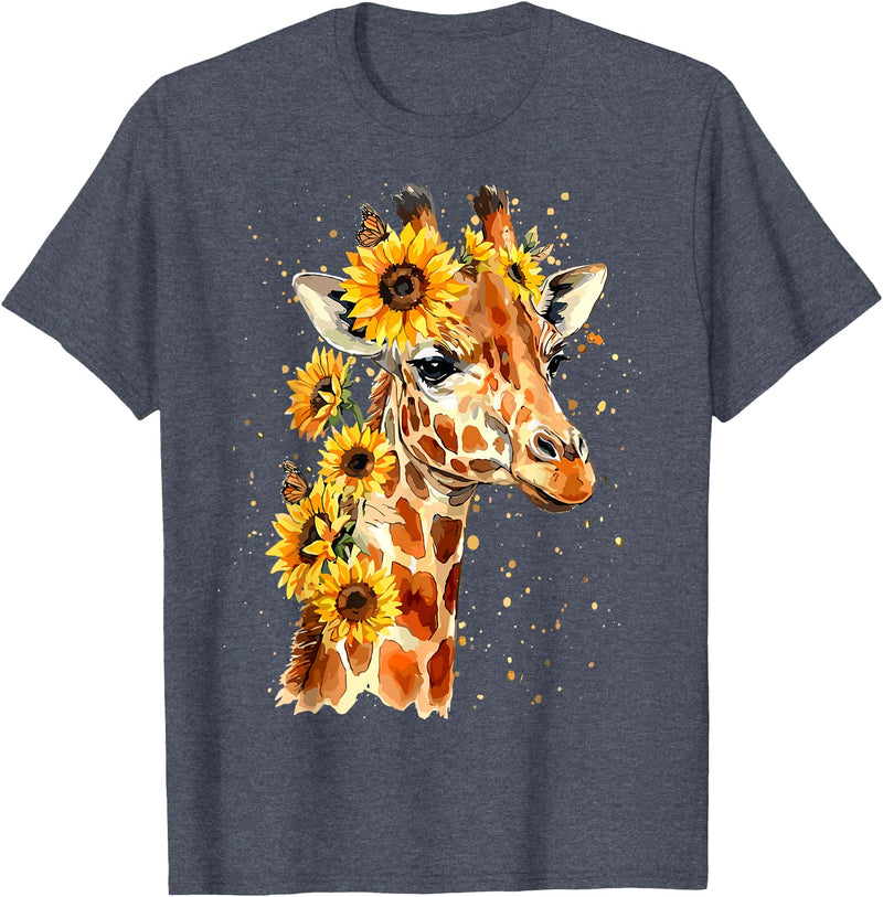 Funny Girl who loves Giraffe Sunflower Giraffe Cute Floral Safari Animal T-Shirt - Heather Blue
