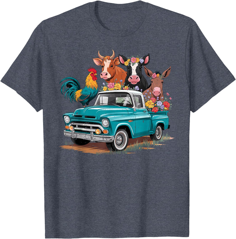 Farm Pickup Truck Farm animals Cow Girl Wife Tee Vintage Pickup Truck Farm Animals Rooster, Cow, Pig, Donkey T-Shirt -