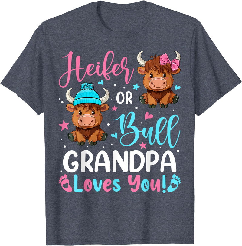 Reveal Party Highland Cow Bull or Heifer Grandpa Loves You Highland Cow Lover T-Shirt - Heather Blue