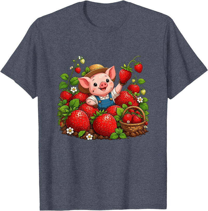 Kawaii Strawberry Piglet Farm Harvest Cute Farmer Pig Strawberry Patch Berry Picking T-Shirt - Heather Blue