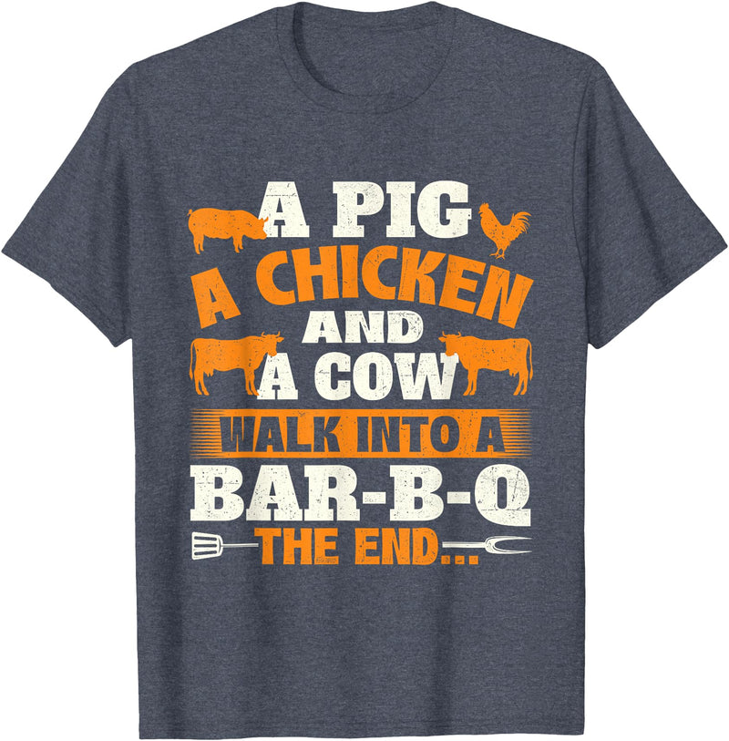 Funny BBQ Shirts A Pig A Chicken And A Cow - Grilling BBQ Lover Barbecue T-Shirt - Heather Blue