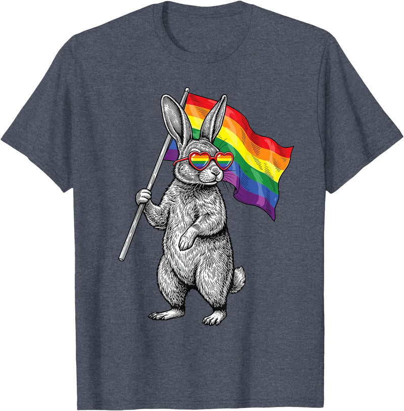 LGBTQ Pride Month Bunny Rainbow Gay Flag LGBT Ally Rabbit T-Shirt in Heather Blue