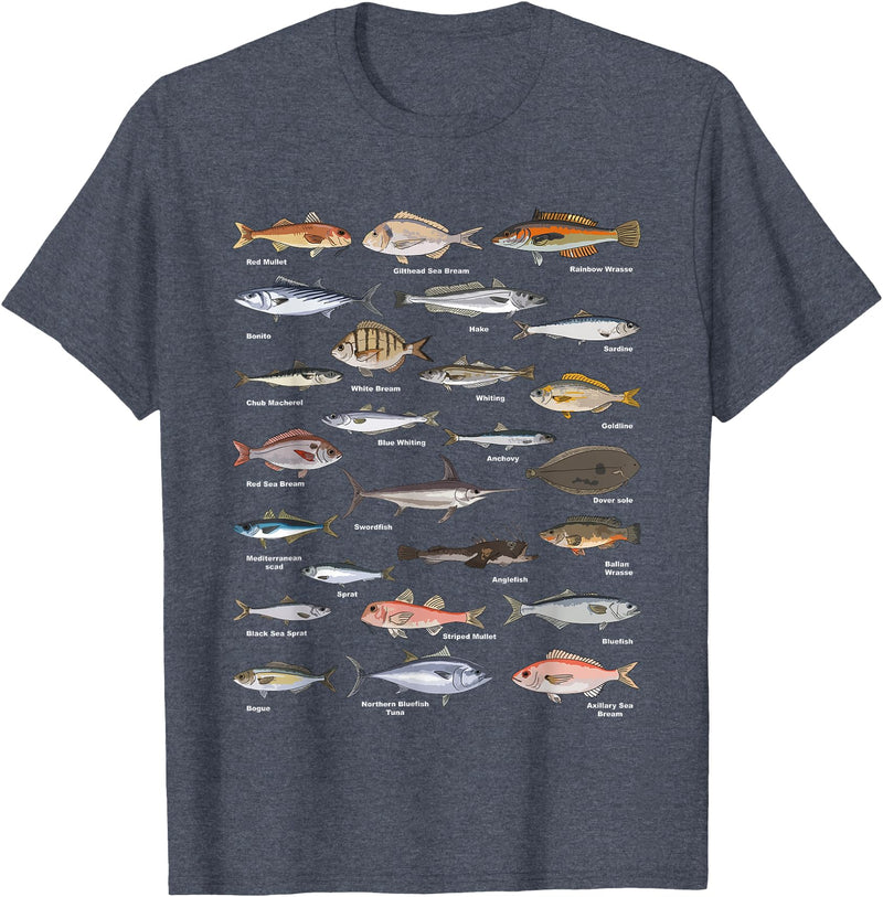 Botanical Chart Apparel Co. Vintage Fish Identification Chart Fishing T-Shirt Small - Heather Blue