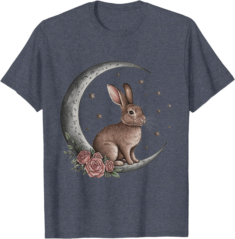 Vintage Bunny on the Moon Cute Goth Easter Rabbit T-Shirt in Heather Blue