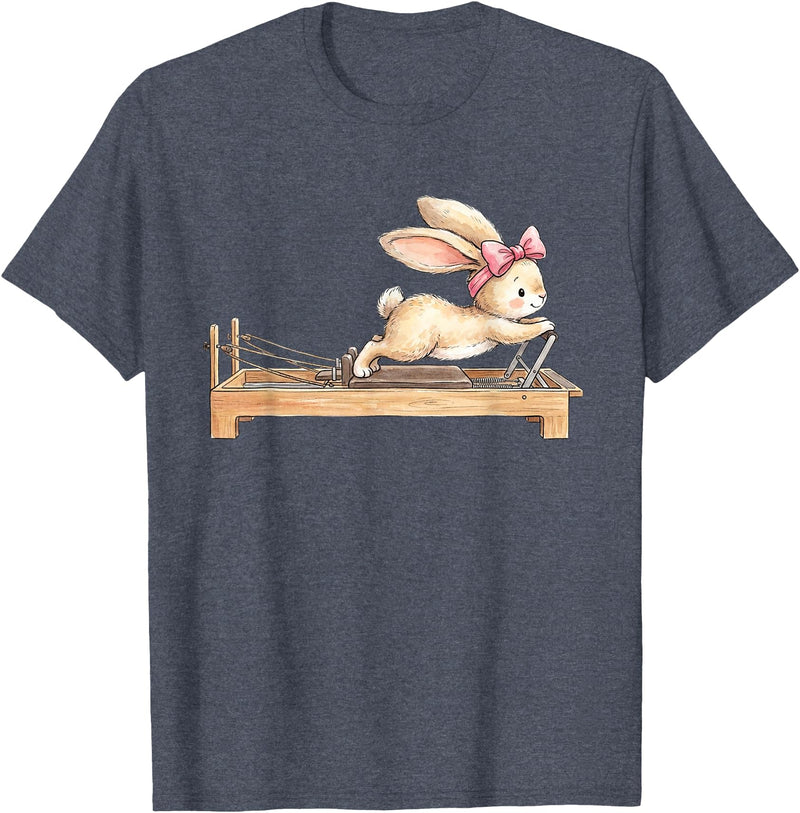 Cute Bunny Doing Pilates Reformer Machine Easter Rabbit T-Shirt in Heather Blue