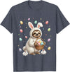 Cute Easter Bunny Rabbit with Eggs Whimsical Sloth Design T-Shirt in Heather Blue