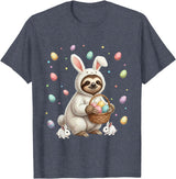 Cute Easter Bunny Rabbit with Eggs Whimsical Sloth Design T-Shirt in Heather Blue